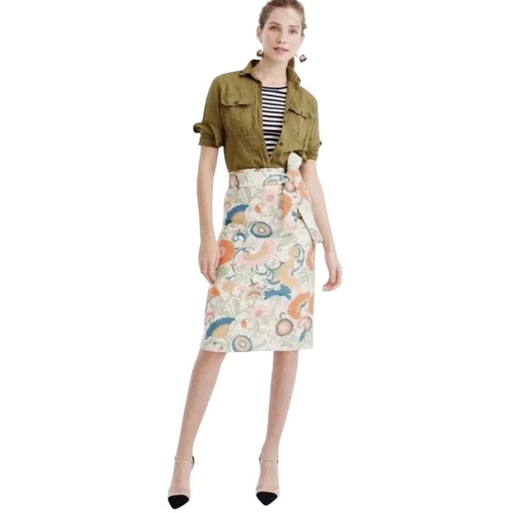 J Crew Retro‎ Floral  Wrap Tie Waist Pencil Skirt Size 0 Botanical Print